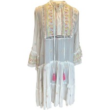Miss June Paris White Embroidered Sequin Tassel Tiered Boho Mini Dress OS picture