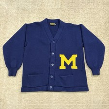 1950s 1960s University of Michigan RecKnit Wool Cardigan Navy True Vintage picture