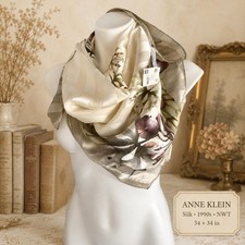 Vintage Anne Klein 1990s Silk Ivory Striped Pomegranate Scarf NWT 34x34 picture