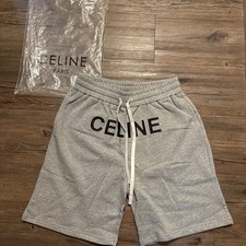 CELINE Men’s Gray Logo Drawstring Elastic Waist Cotton Sweat Shorts Pockets picture