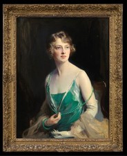 Hand Painted Oil Painting Elegant Lady in Green Dress Portrait Vintage Female picture