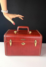Vintage 1940s brown red train case hard small suitcase leather trim brass 1950s picture