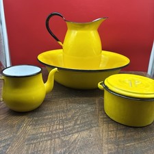Nice Heavy lot of 5 Pieces Yellow Enamelware Farmhouse Kitchenware Japan picture