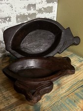 Pair Of Vintage hand-carved rustic oval wooden Indian Kharal pots picture