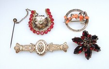 Victorian Antique Pins Brooches Red Stones Coral Fancy Estate 4pc Lot picture