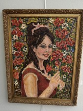 Vintage 1970 Original Impasto Portrait Painting Signed BIRÓN Woman Flowers Gold picture