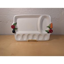 Vintage Hand-Painted Vegetable Ceramic Deviled Egg & Cracker Serving Platter picture