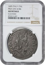 ITALY TUSCANY / PISA FERDINAND I 1605 TALLERO SILVER COIN NGC CERTIFIED AU DET. picture