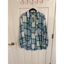Arizona Jean Co 2X Teal Blue Plaid Flannel Button Down Boyfriend Shirt Grunge picture