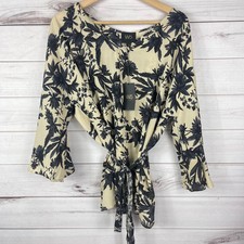 W5 V-Neck Tie Waist Floral Leaves Blouse Tan and Black Size Large NEW picture