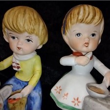 Vintage Lefton? Kitsch Boy Girl Cooking Pot Belly Stove Porcelain MCM Figurines picture