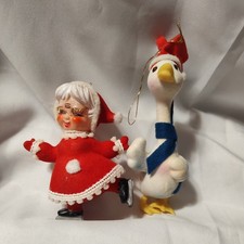 Vintage 1960s  Mrs. Claus & Goose Flocked Christmas Ornaments picture