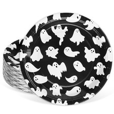 Whaline 40 Pcs Halloween Ghost Paper Plates Black White Cute 9 inch, picture