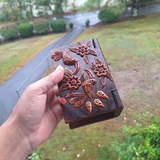 Vintage Hand Carved Box Birds Flowers Brown picture