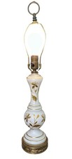 Vtg 1960s White Glass Table Lamp Hand Painted Gold Floral Hollywood Regency 24” picture