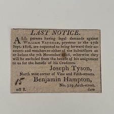Legal Demands William Vaughan B Hampton 1806 Philadelphia Clipping SAJ5-S37 picture