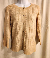 Talbots Women’s Beige Cable-Knit Cotton Button Front Crew Neck Cardigan S NWT picture