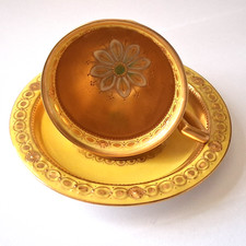 Antique Dresden Ambrosius Lamm Yellow Demitasse Cup Saucer Heavy Raised Gold HP picture