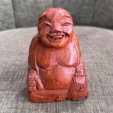 VTG Hand Carved Wood Laughing Buddha Figurine 4