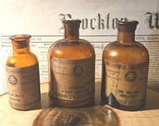 Antique Amber Apothecary Medicines And Essential Oils Quack Medicine Lot Of 3 picture