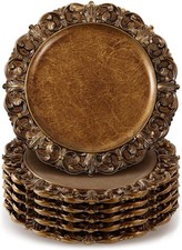 6 Pcs Antique Gold Charger Plates Bulk 13 Inch Embossed Rim Plastic Round picture