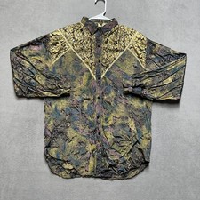 Vintage Giallo Napoli Shirt Women Medium Gold Lace Yoke Abstract Rayon Button Up picture