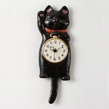 Japanese Black Lucky Cat Manekineko Pendulum Wall Clock Pottery Seto gift picture