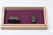 Fuchi Kashira Japanese antique Mumei peony design shakudo Edo era picture