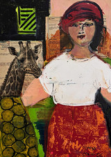 Original Mixed Media Abstract Girl Portrait in Red Hat with her pet Giraffe picture