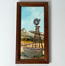 Vintage Jerry Burlingame Original Miniature Painting Taos NM Windmill 8x4 Signed picture
