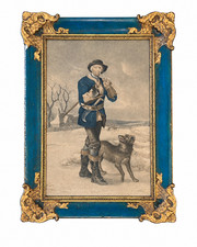 Antique French Blue Gilt Ormolu Picture Frame Hunter Dog Print 19th Century picture