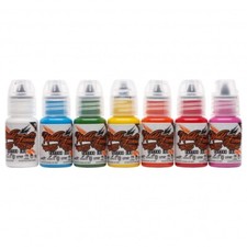 World Famous Tattoo Ink 7 Color Simple Set 1/2oz Red White Orange Blue.. Boxed picture
