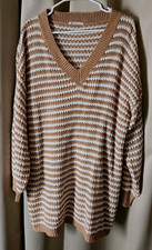 CUPSHE Women's Open-Knit V-Neck Striped Pullover Sweater Brown/White M picture