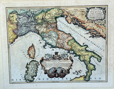 OLD ANTIQUE MAP OF ITALY HAND COLORED ENGRAVING MEZZOGIORNO BURBEY EDIZ P.V ART picture