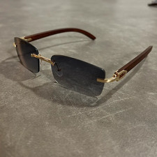 Blue Gold Accent Wood Temple Rimless Sunglasses UV400 Unisex Fashion Shades picture