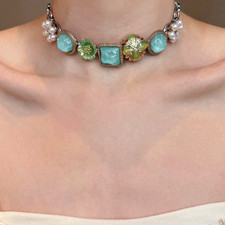 Vintage Green Floral Choker Necklace Faux Pearl Turquoise Stone Statement Jewelr picture