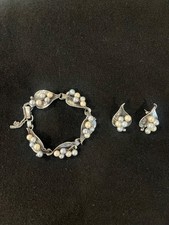 Ming's Hawaii Sterling Leaf Akoya Pearl Vintage Bracelet and Matching Earrings picture