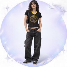 1972 BLACK YELLOW DISTRESSED RINGER TEE Y2K GRAPHIC TOP picture