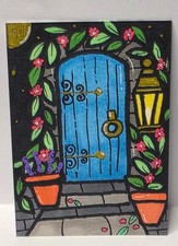 Original ACEO Art Card Hand Drawn Whimsical Folk Art Black & Gold – secret door picture