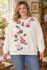Alfred Dunner Women’s 1X Ivory Floral Appliqué Embroidered Sequin Sweatshirt picture