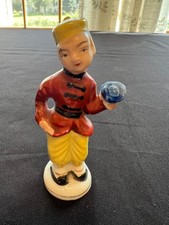 Vtg Occupied Japan Porcelain Boy Figurine in Bellman uniform w yellow cap 4-1/4