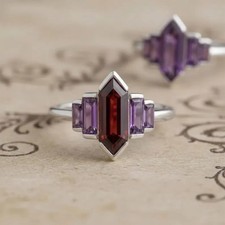 Garnet Amethyst Gemstone Art Deco Sterling Silver Geometric Ring Jewelry Gift picture