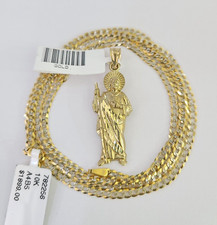 10k Solid Gold Cuban Curb Chain Saint Jude Pendant 2mm 18