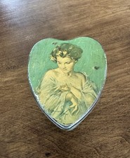 Vintage Art Deco 1920s  Tindeco Green Heart Shaped Metal Tin  4.5”x3.5”x1.75” picture