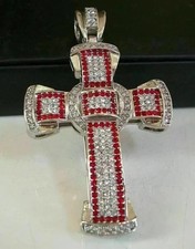 2.90Ct Round Cut Lab-Created Red Ruby Men's Cross Pendant 14K White Gold Plated picture