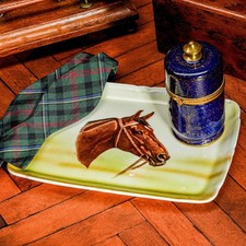 Charming Antique Hand Painted Porcelain Vanity Tray Horse Portrait Equestrian picture