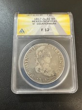 1817 ZS AG 8 REALES MEXICO ANACS F-12 - COUNTERMARK 8 REALES - CERTIFIED SLAB 8R picture