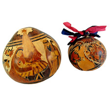 2 Hand carved Peruvian Gourds folk art Navitity Xmas artist signed Percy Medina picture