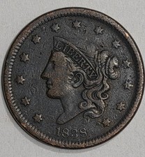 1838 Matron Head Large Cent - Fine, Dark Even Toning picture