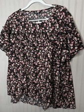 BloomChic Shirt Womens 18-20 Black Pink Floral Tunic Ruffle Flutter Stretch NEW picture